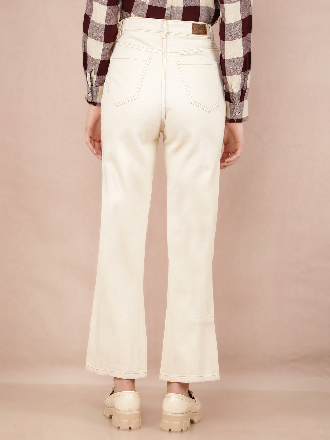 Beige Wide Leg 100% Cotton Jeans-Women Jeans-Crimsoune Club