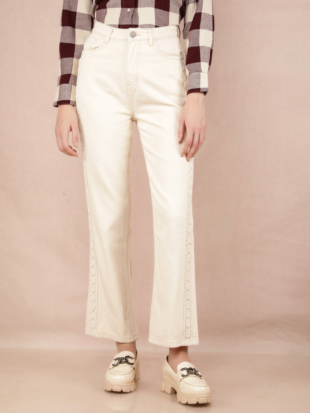 Beige Wide Leg 100% Cotton Jeans-Women Jeans-Crimsoune Club