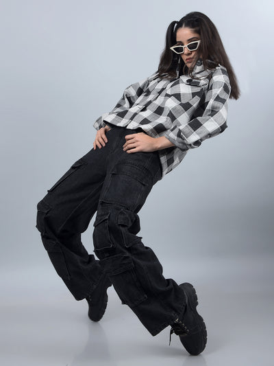 Black 100% Cotton Baggy Cargo Jeans-Women Jeans-Crimsoune Club