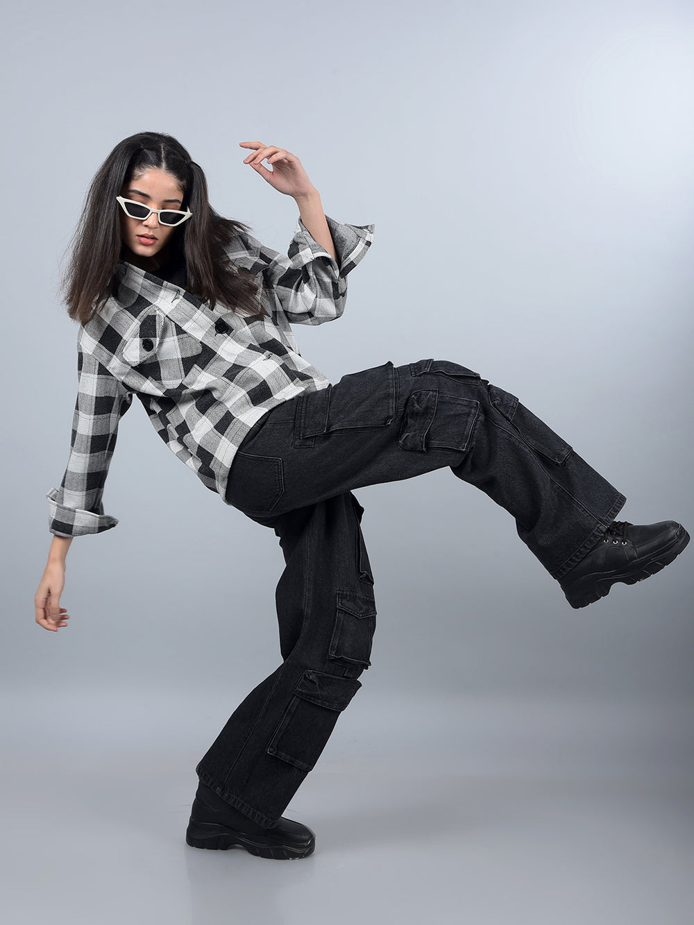 Black 100% Cotton Baggy Cargo Jeans-Women Jeans-Crimsoune Club