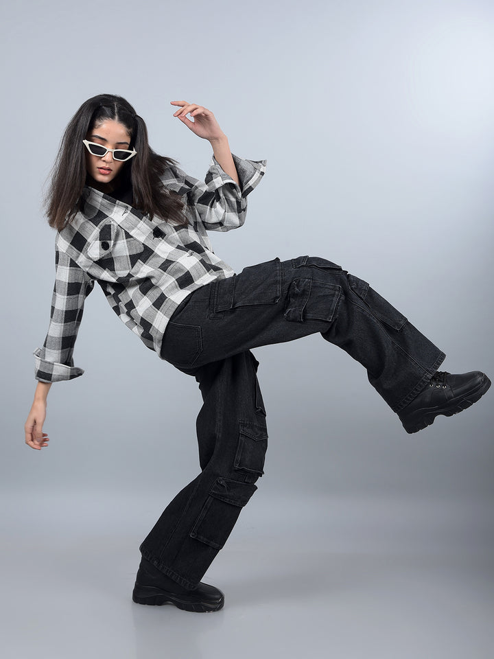 Black 100% Cotton Baggy Cargo Jeans-Women Jeans-Crimsoune Club