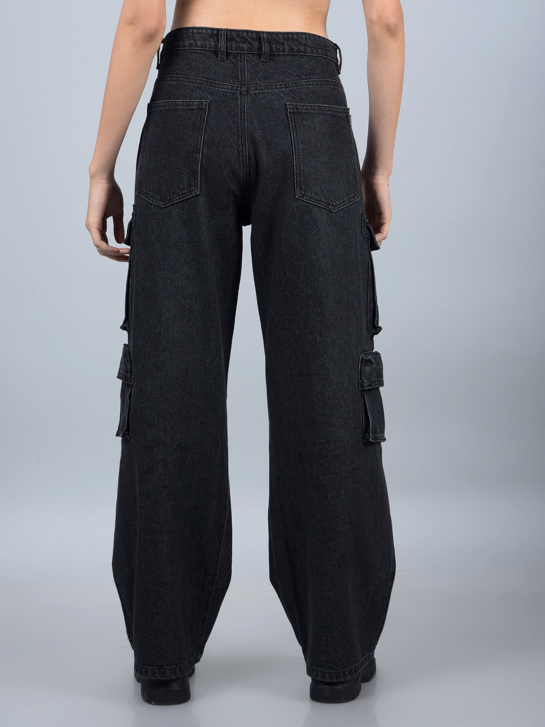 Black 100% Cotton Baggy Cargo Jeans-Women Jeans-Crimsoune Club