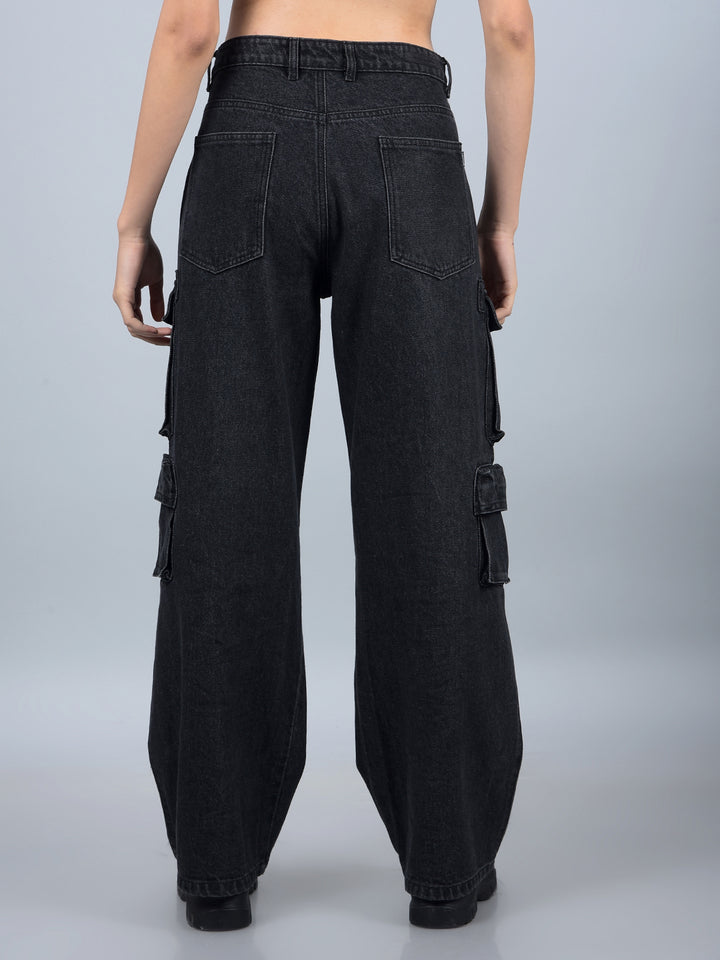 Black 100% Cotton Baggy Cargo Jeans-Women Jeans-Crimsoune Club