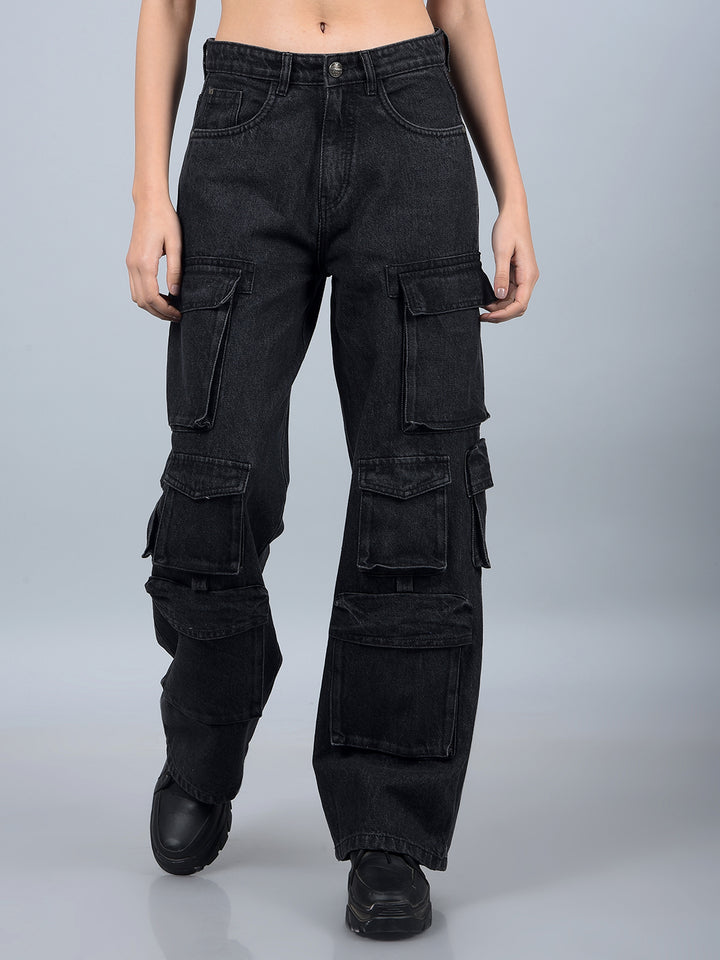 Black 100% Cotton Baggy Cargo Jeans-Women Jeans-Crimsoune Club
