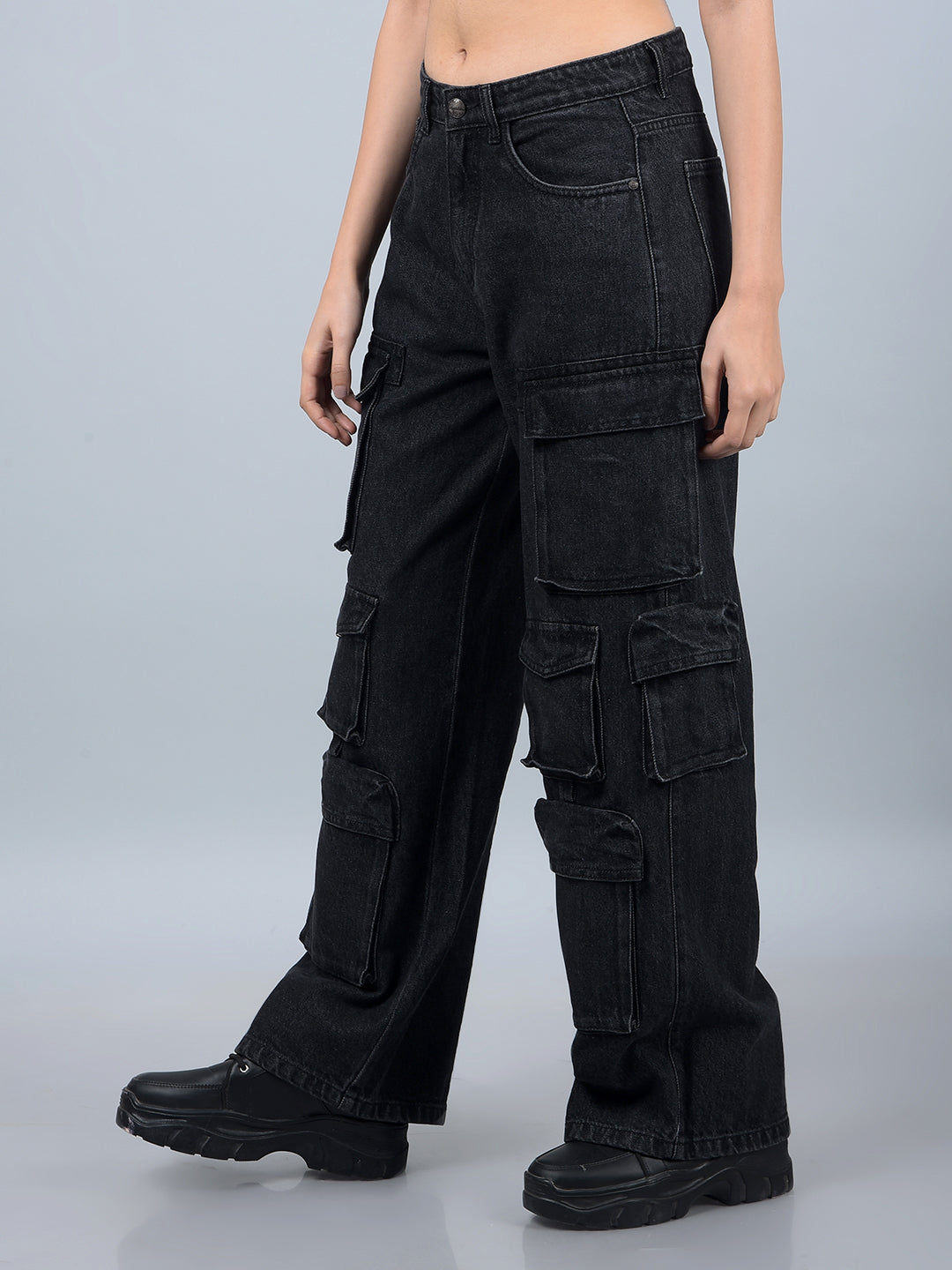 Black 100% Cotton Baggy Cargo Jeans-Women Jeans-Crimsoune Club