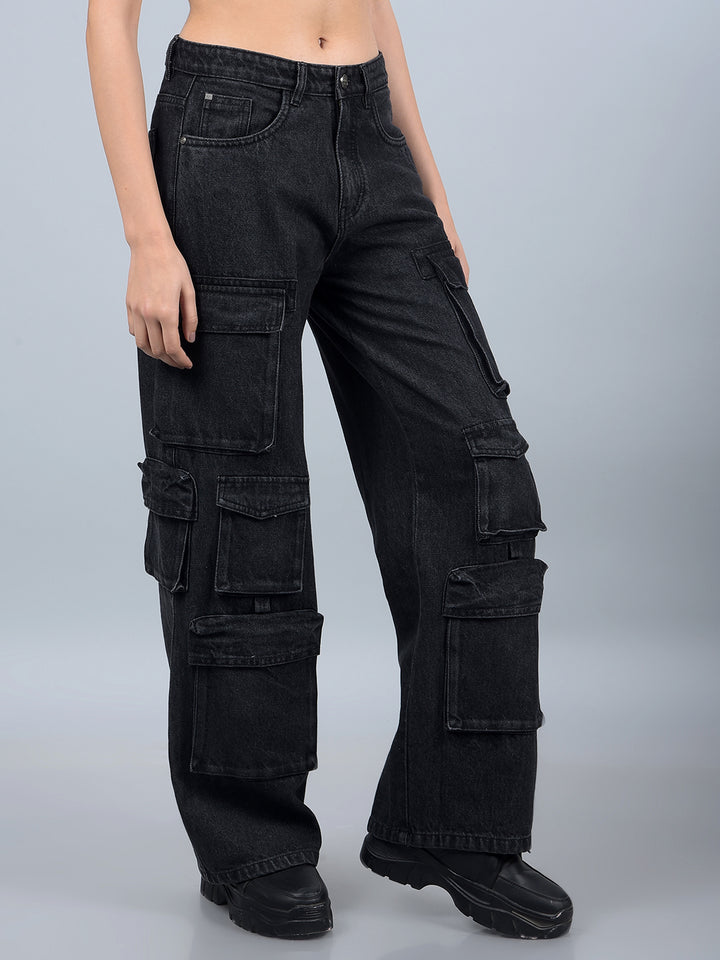 Black 100% Cotton Baggy Cargo Jeans-Women Jeans-Crimsoune Club