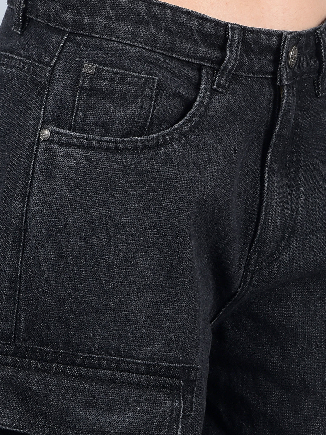 Black 100% Cotton Baggy Cargo Jeans-Women Jeans-Crimsoune Club