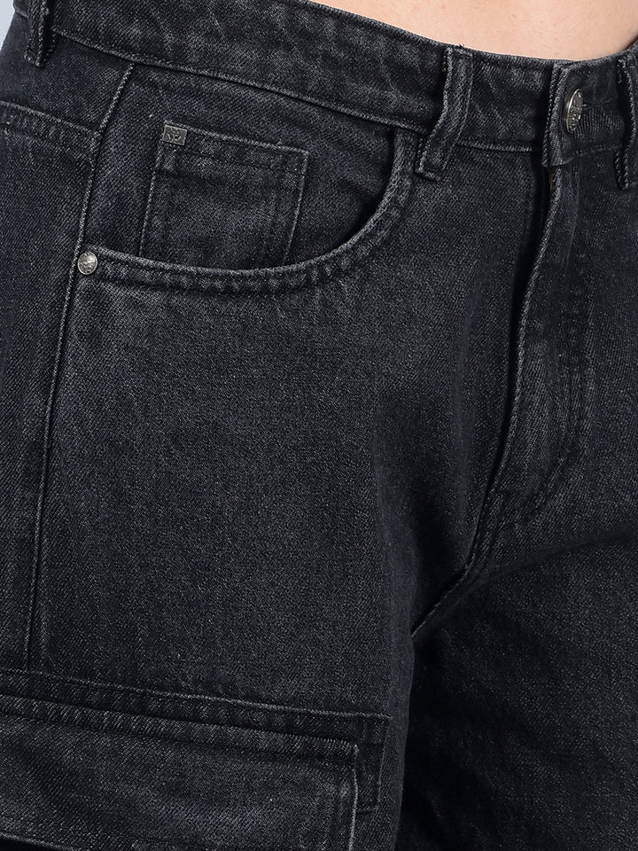 Black 100% Cotton Baggy Cargo Jeans-Women Jeans-Crimsoune Club