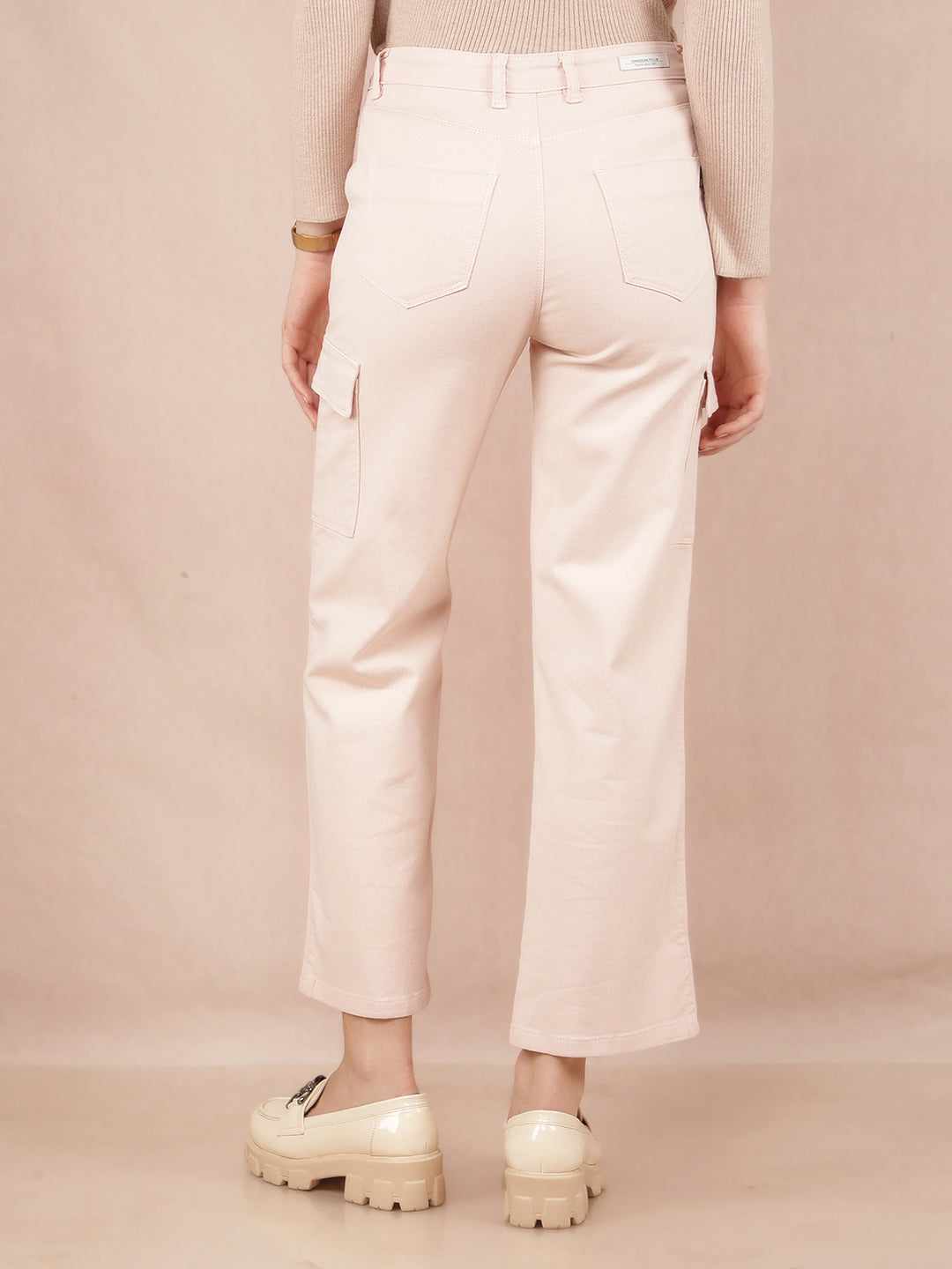 Peach Straight Cargo Jeans-Women Jeans-Crimsoune Club