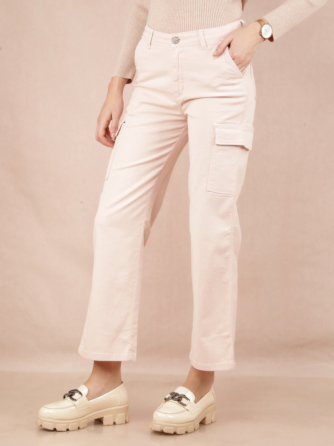Peach Straight Cargo Jeans-Women Jeans-Crimsoune Club