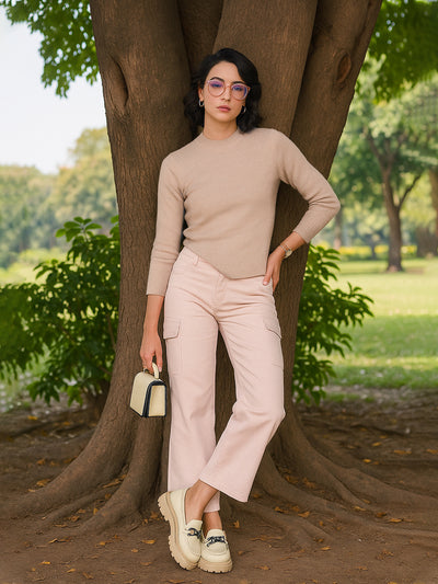 Peach Straight Cargo Jeans-Women Jeans-Crimsoune Club