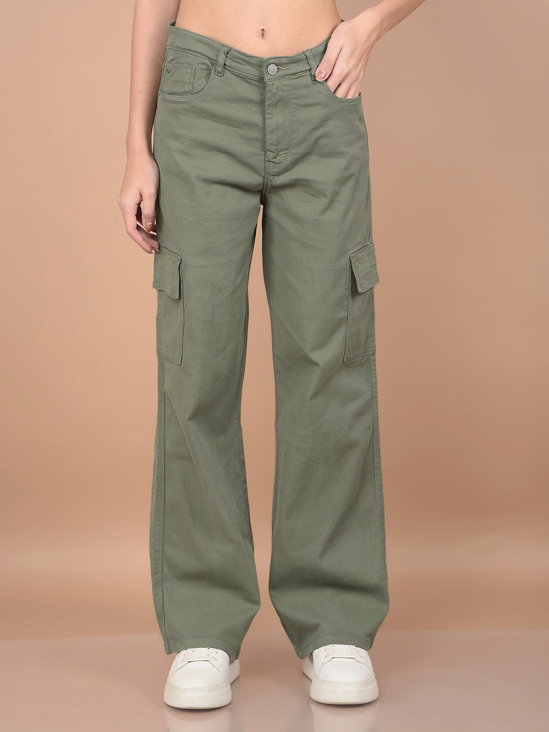 Olive Relaxed Fit Cargo Jeans-Women Jeans-Crimsoune Club