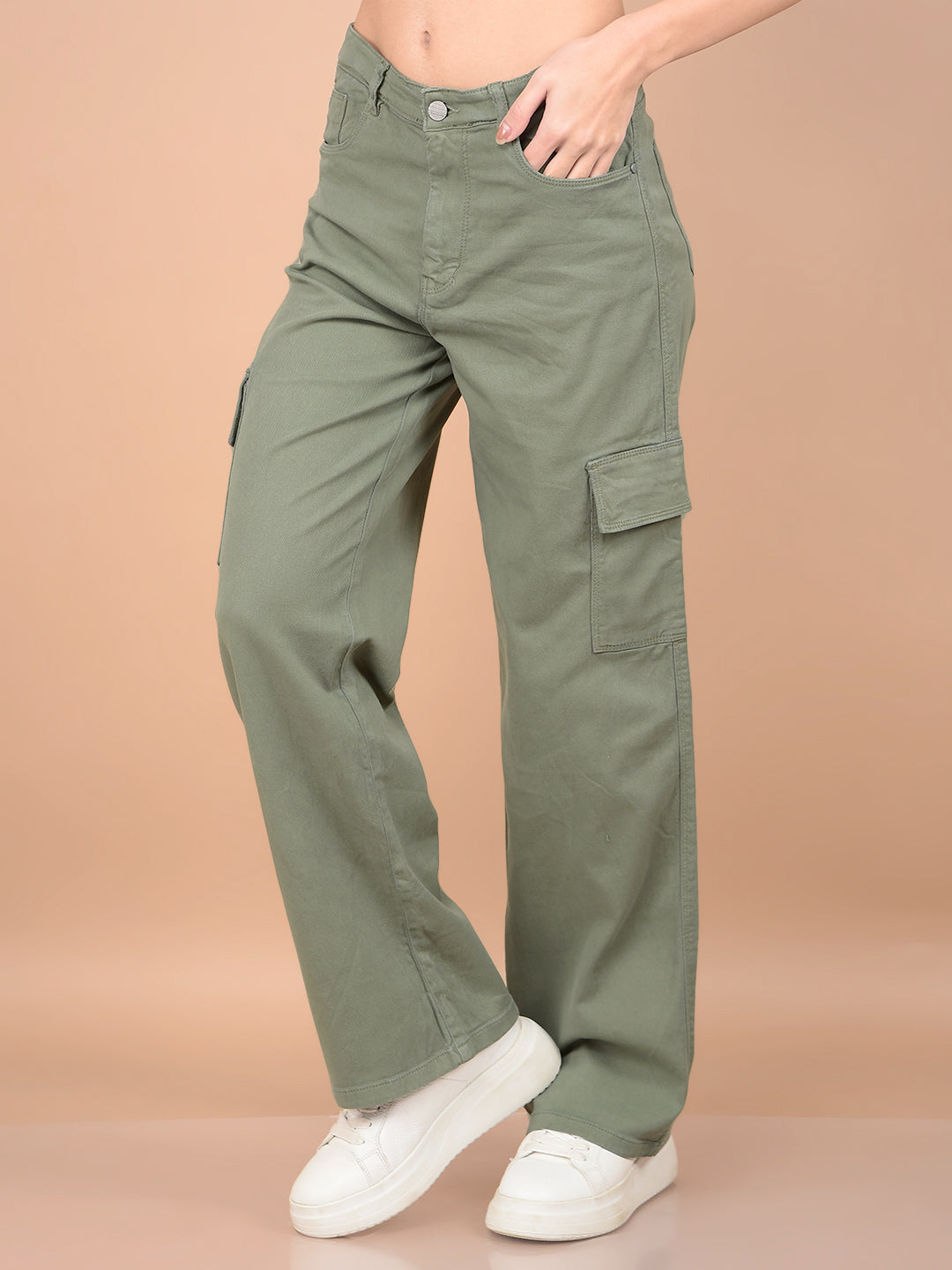 Olive Relaxed Fit Cargo Jeans-Women Jeans-Crimsoune Club