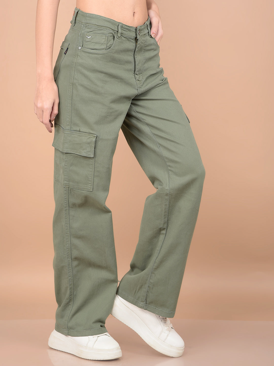 Olive Relaxed Fit Cargo Jeans-Women Jeans-Crimsoune Club