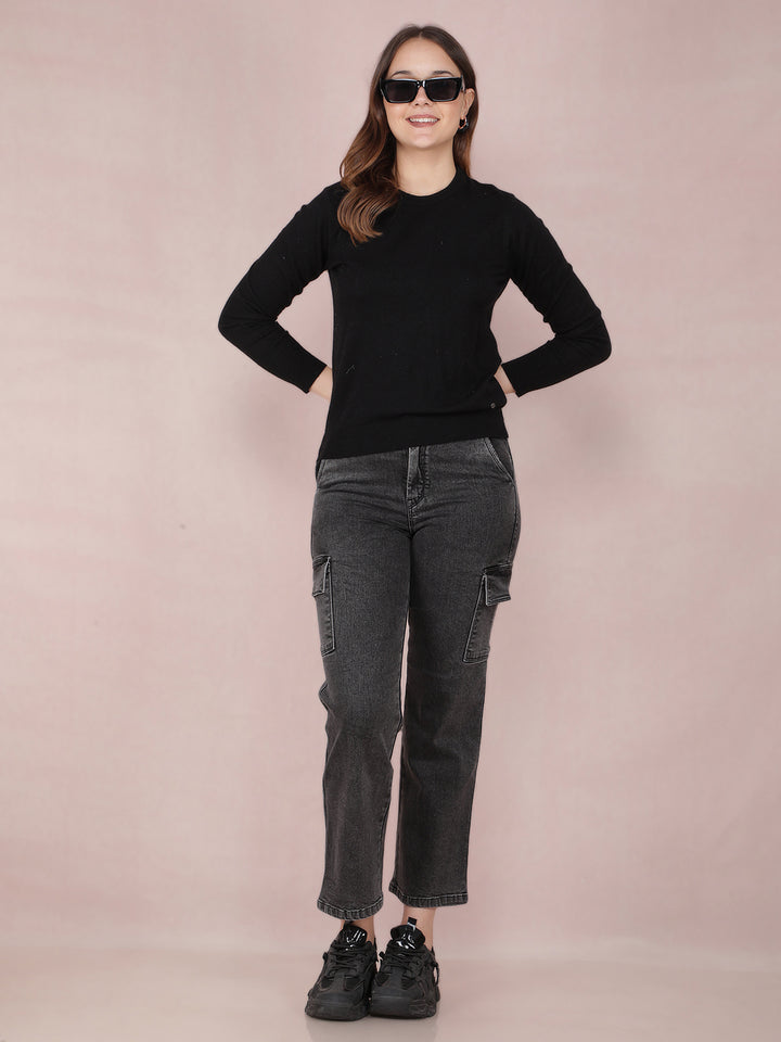 Grey Straight Cargo Jeans-Women Jeans-Crimsoune Club