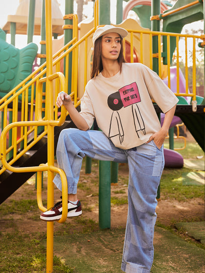 Blue Color-Blocked Wide-Leg 100% Cotton Jeans-Women Jeans-Crimsoune Club