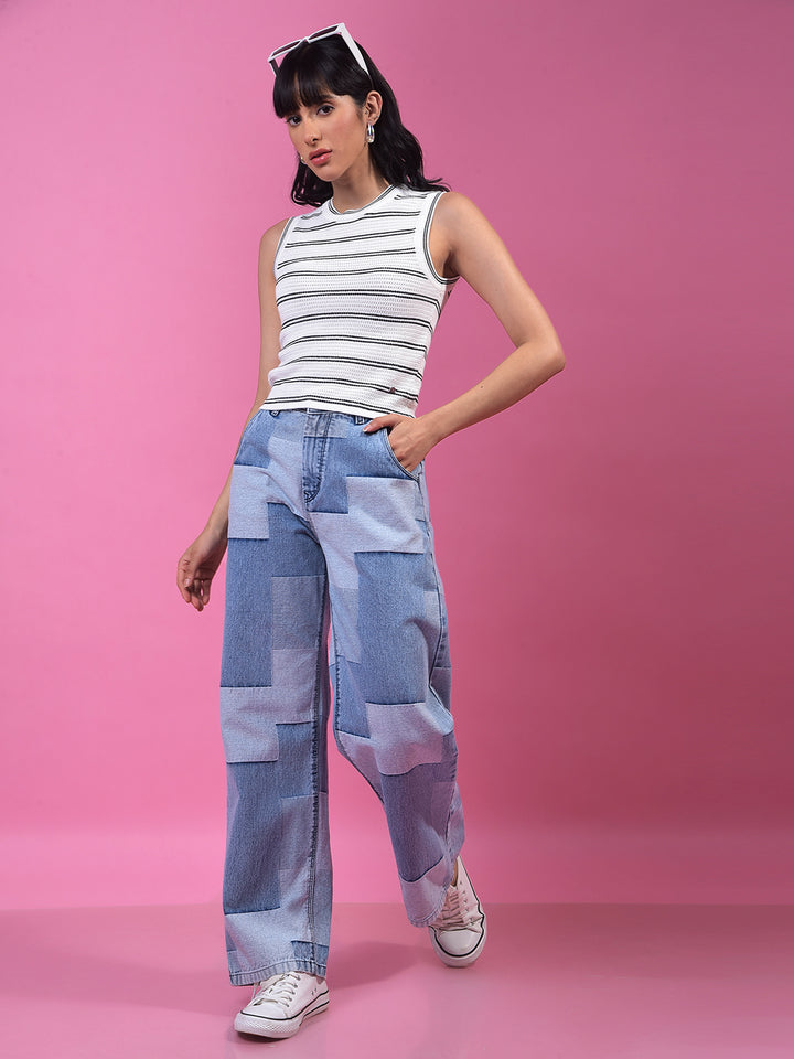 Blue Color-Blocked Wide-Leg 100% Cotton Jeans-Women Jeans-Crimsoune Club