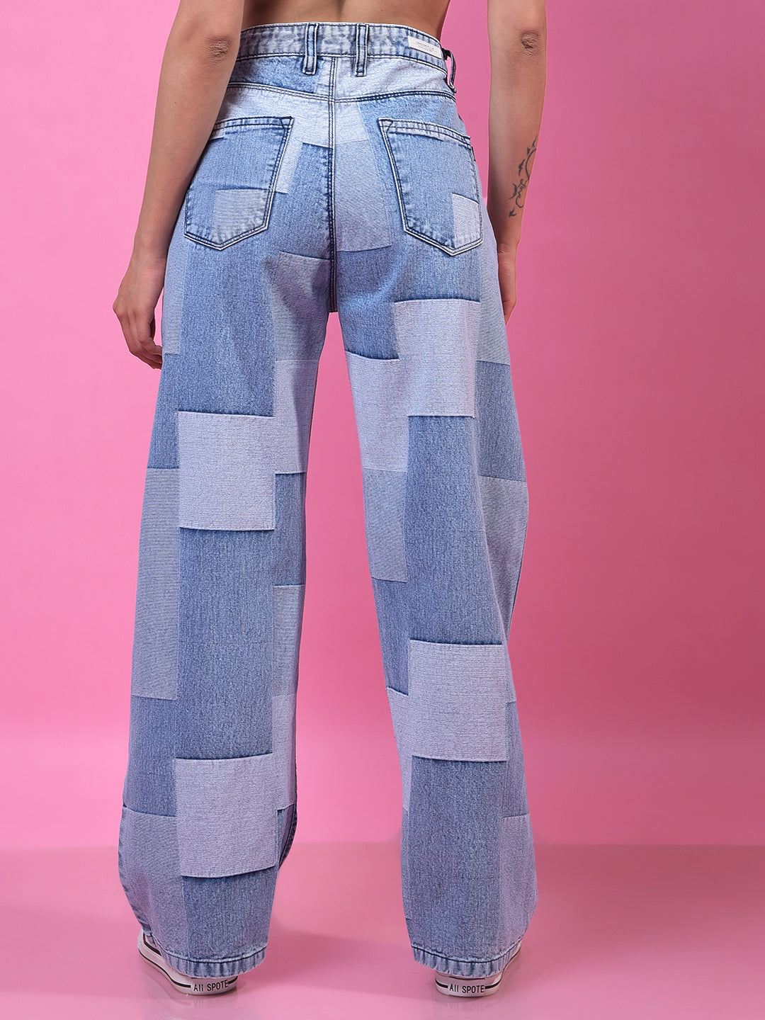 Blue Color-Blocked Wide-Leg 100% Cotton Jeans-Women Jeans-Crimsoune Club
