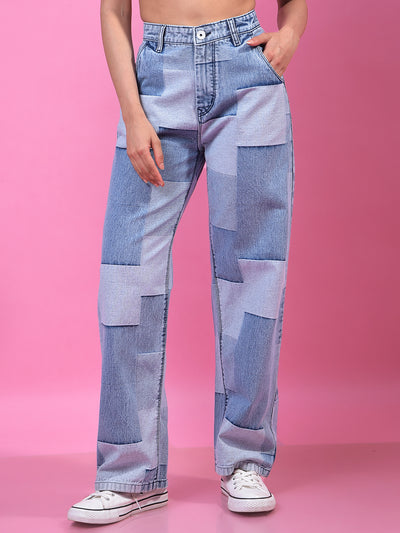 Blue Color-Blocked Wide-Leg 100% Cotton Jeans-Women Jeans-Crimsoune Club