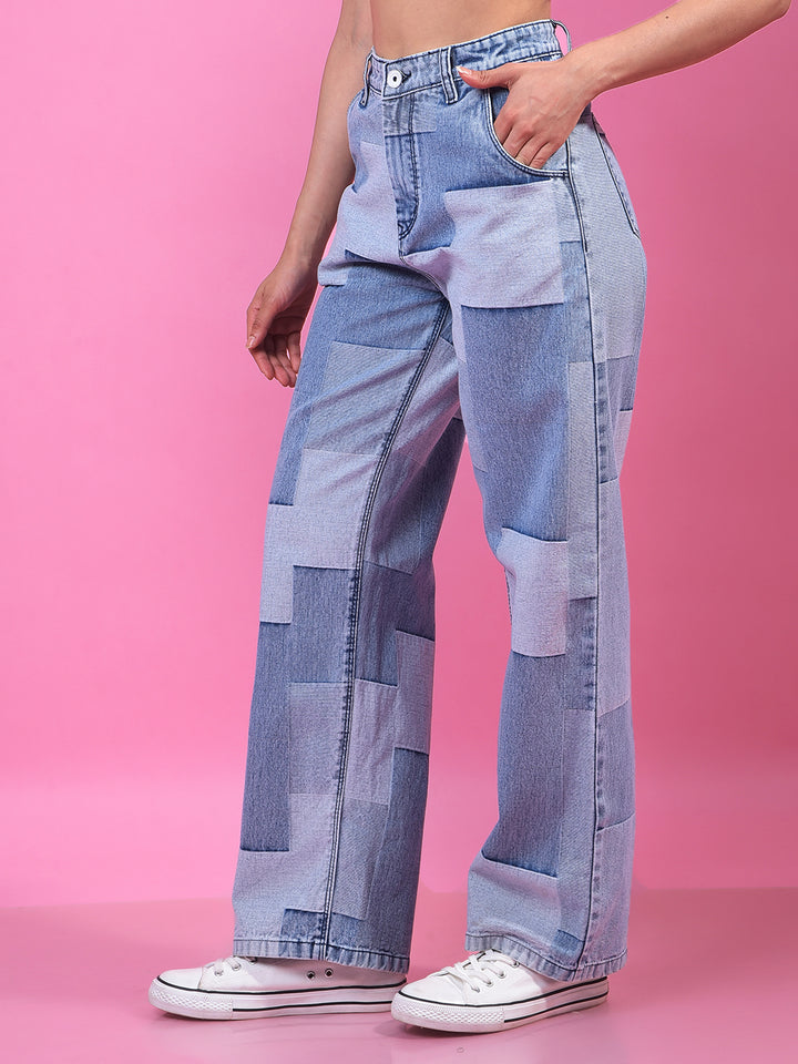 Blue Color-Blocked Wide-Leg 100% Cotton Jeans-Women Jeans-Crimsoune Club