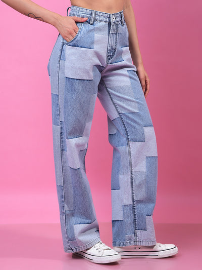 Blue Color-Blocked Wide-Leg 100% Cotton Jeans-Women Jeans-Crimsoune Club