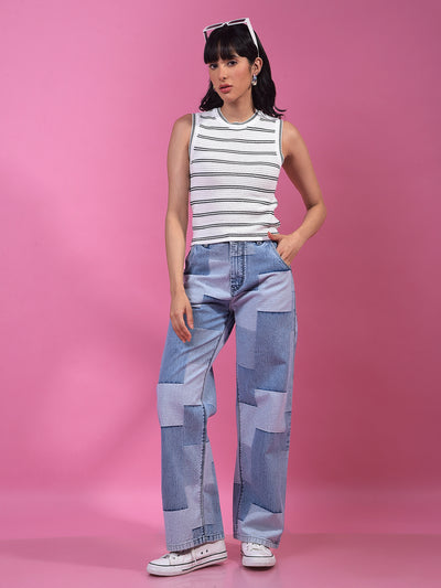 Blue Color-Blocked Wide-Leg 100% Cotton Jeans-Women Jeans-Crimsoune Club