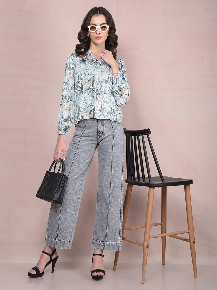 Grey Wide-Leg 100% Cotton Jeans-Women Jeans-Crimsoune Club