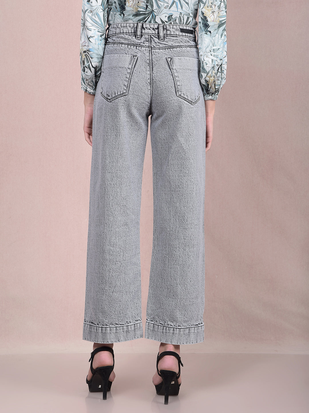 Grey Wide-Leg 100% Cotton Jeans-Women Jeans-Crimsoune Club