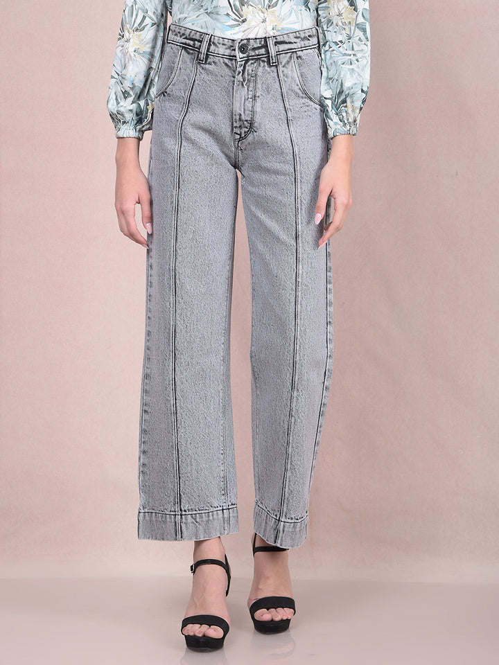 Grey Wide-Leg 100% Cotton Jeans-Women Jeans-Crimsoune Club