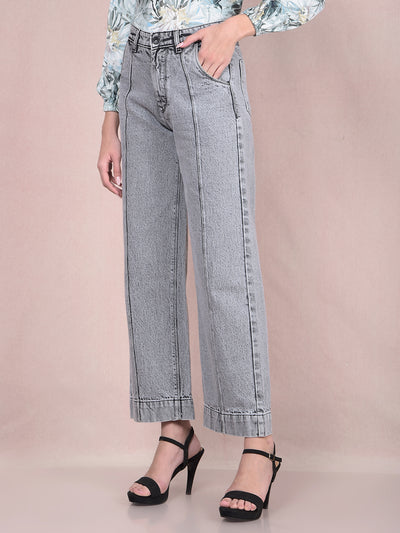 Grey Wide-Leg 100% Cotton Jeans-Women Jeans-Crimsoune Club