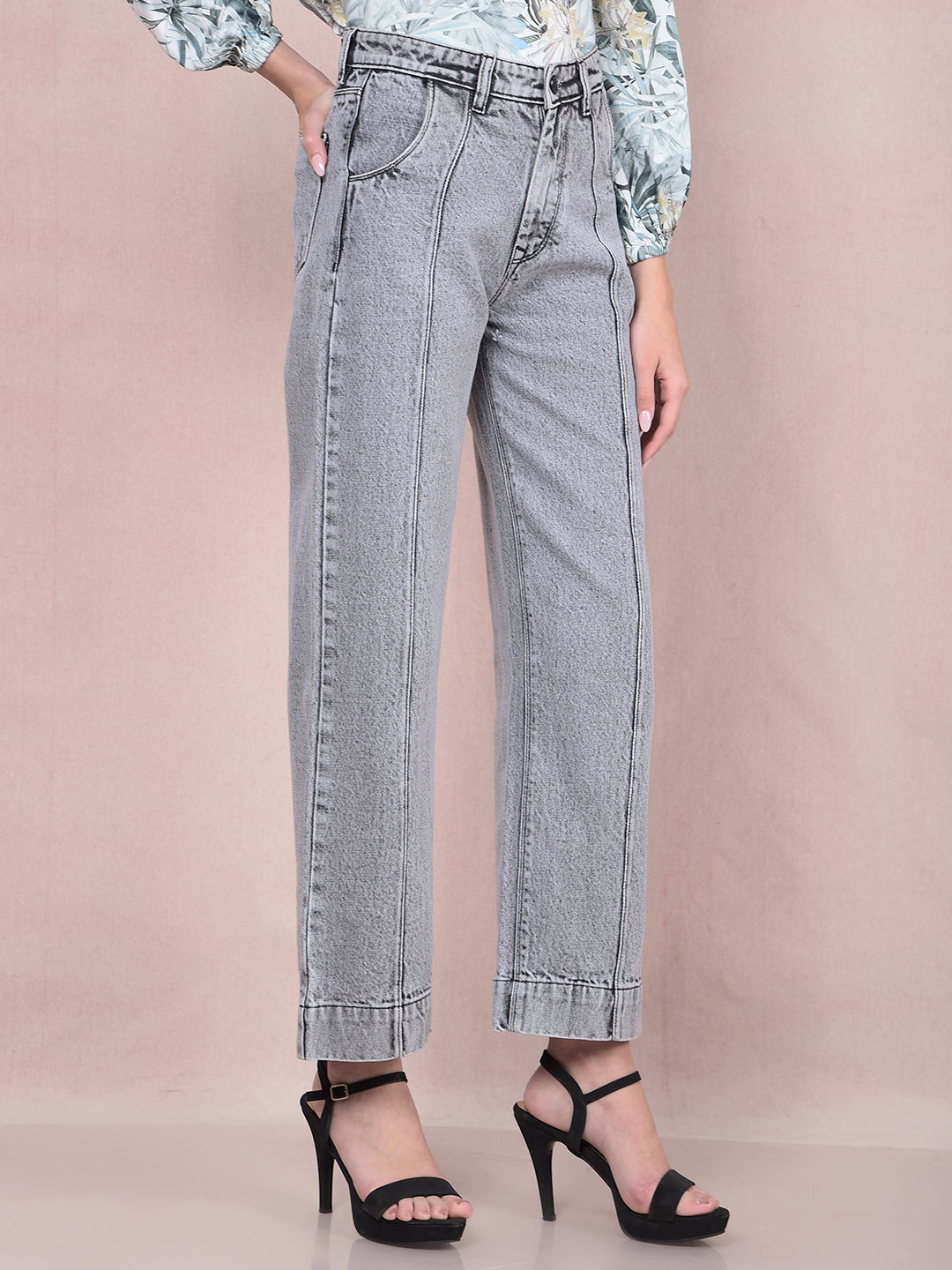 Grey Wide-Leg 100% Cotton Jeans-Women Jeans-Crimsoune Club
