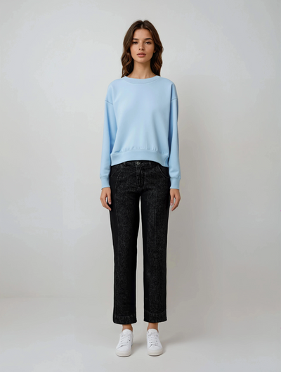 Black Wide-Leg 100% Cotton Jeans-Women Jeans-Crimsoune Club