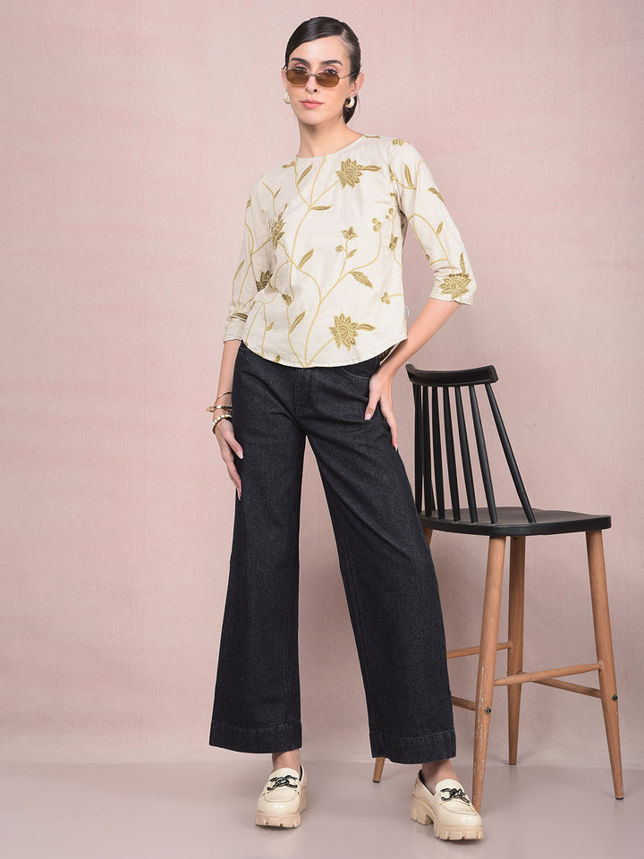 Black Wide-Leg 100% Cotton Jeans-Women Jeans-Crimsoune Club