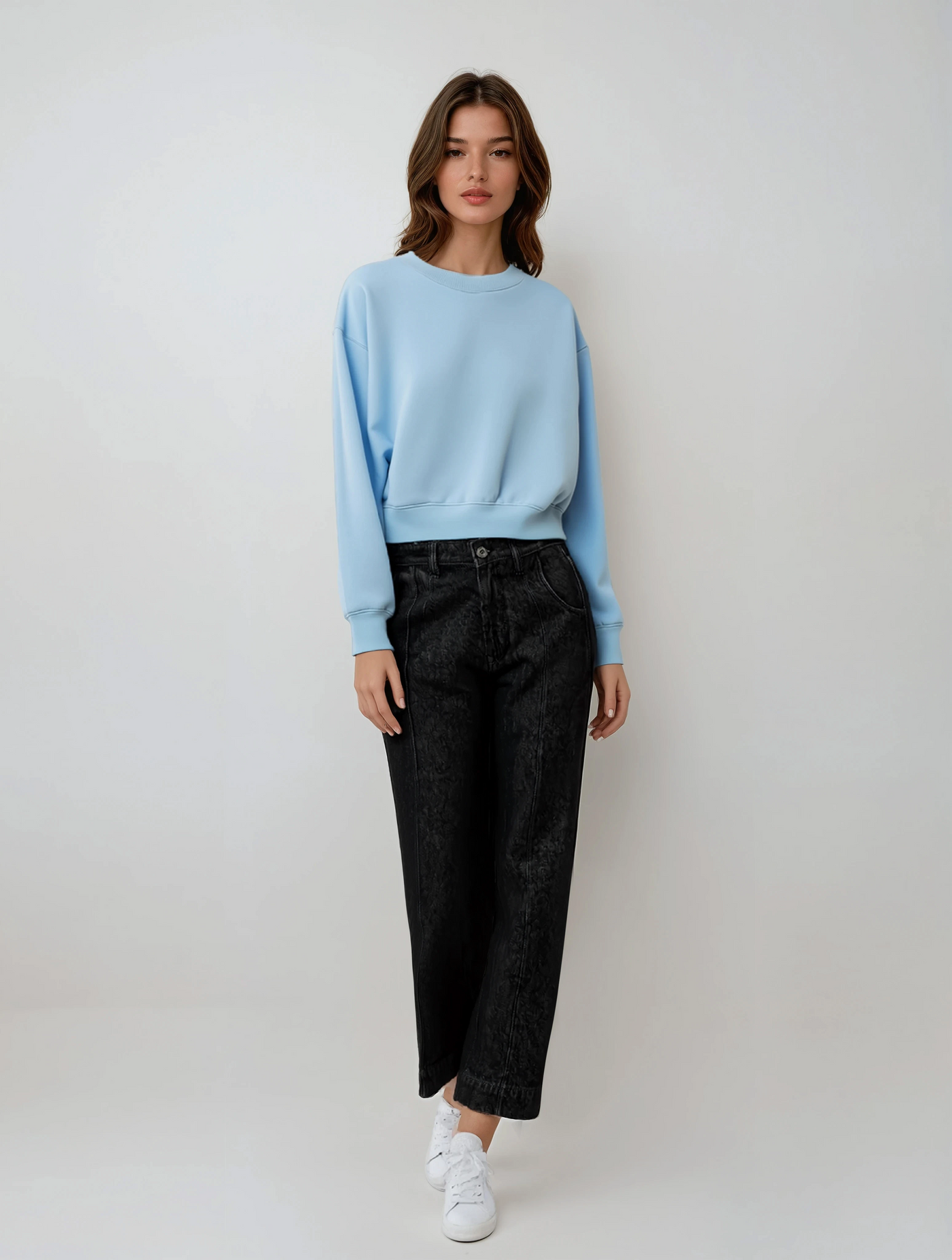 Black Wide-Leg 100% Cotton Jeans-Women Jeans-Crimsoune Club