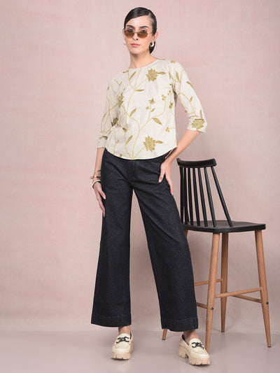 Black Wide-Leg 100% Cotton Jeans-Women Jeans-Crimsoune Club