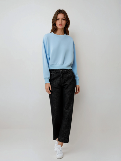 Black Wide-Leg 100% Cotton Jeans-Women Jeans-Crimsoune Club