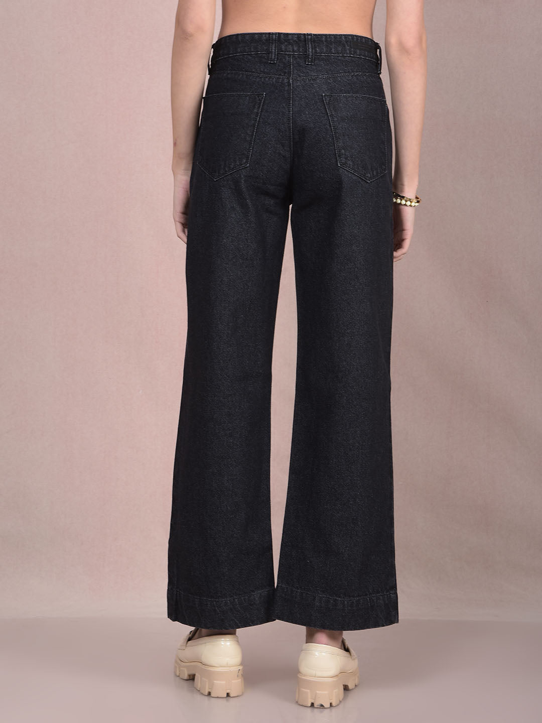 Black Wide-Leg 100% Cotton Jeans-Women Jeans-Crimsoune Club