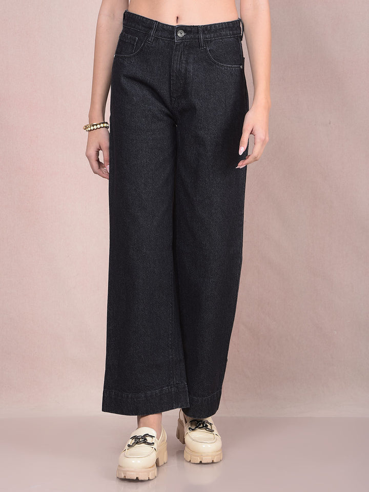 Black Wide-Leg 100% Cotton Jeans-Women Jeans-Crimsoune Club