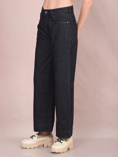 Black Wide-Leg 100% Cotton Jeans-Women Jeans-Crimsoune Club