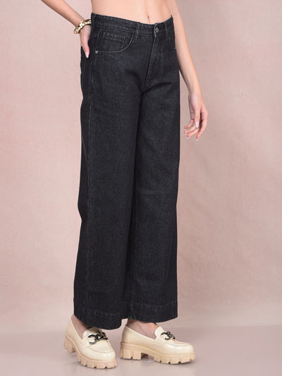 Black Wide-Leg 100% Cotton Jeans-Women Jeans-Crimsoune Club