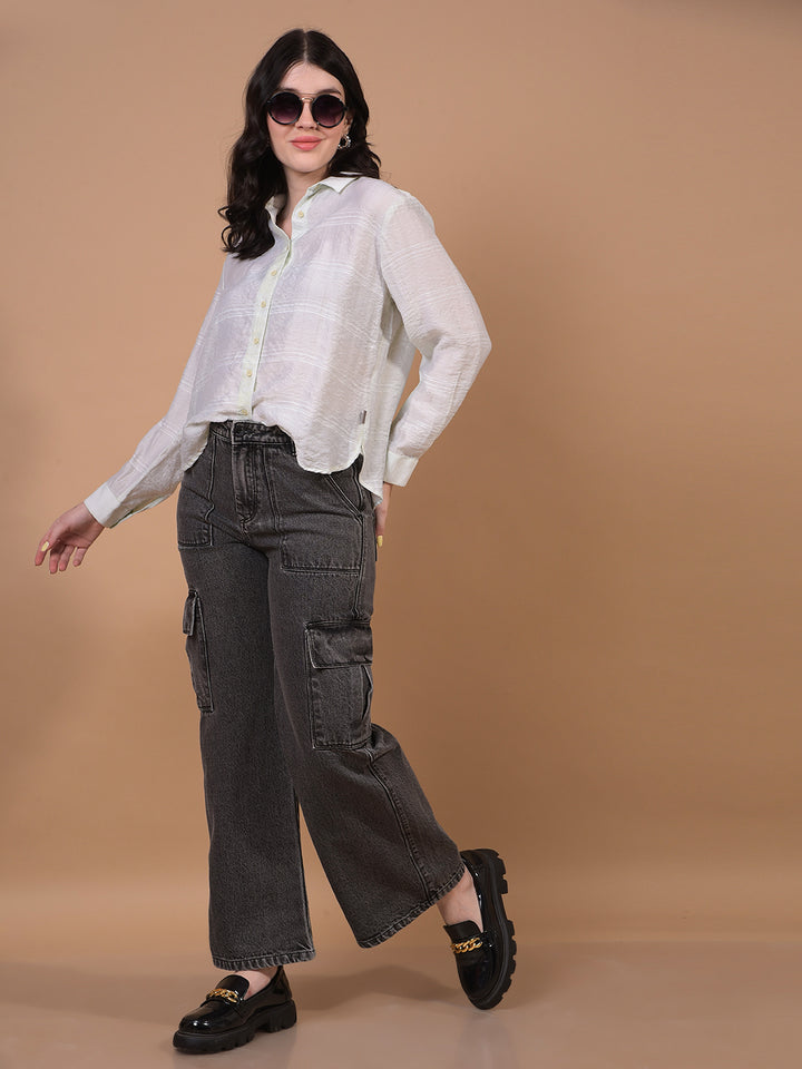 Women's Jeans Black 100% Cotton Cargo Jeans-Women Jeans-Crimsoune Club