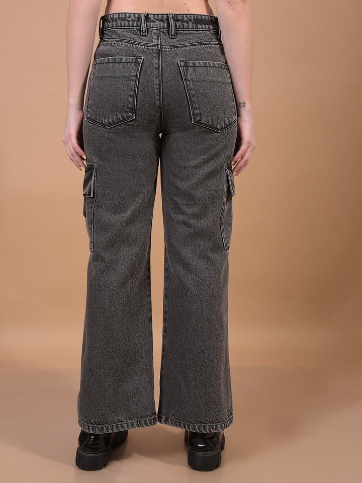 Women's Jeans Black 100% Cotton Cargo Jeans-Women Jeans-Crimsoune Club