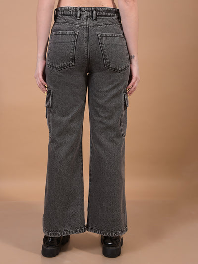 Women's Jeans Black 100% Cotton Cargo Jeans-Women Jeans-Crimsoune Club