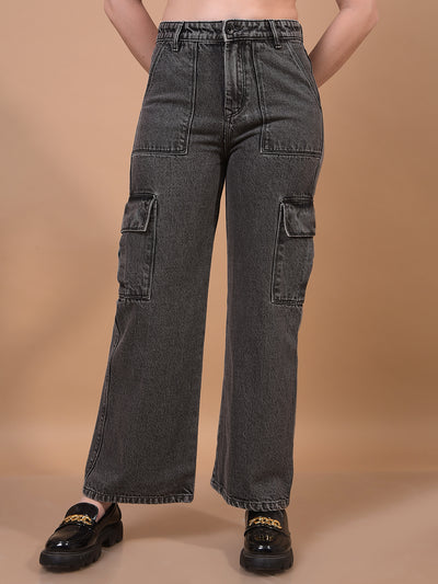 Women's Jeans Black 100% Cotton Cargo Jeans-Women Jeans-Crimsoune Club