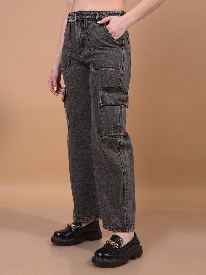 Women's Jeans Black 100% Cotton Cargo Jeans-Women Jeans-Crimsoune Club