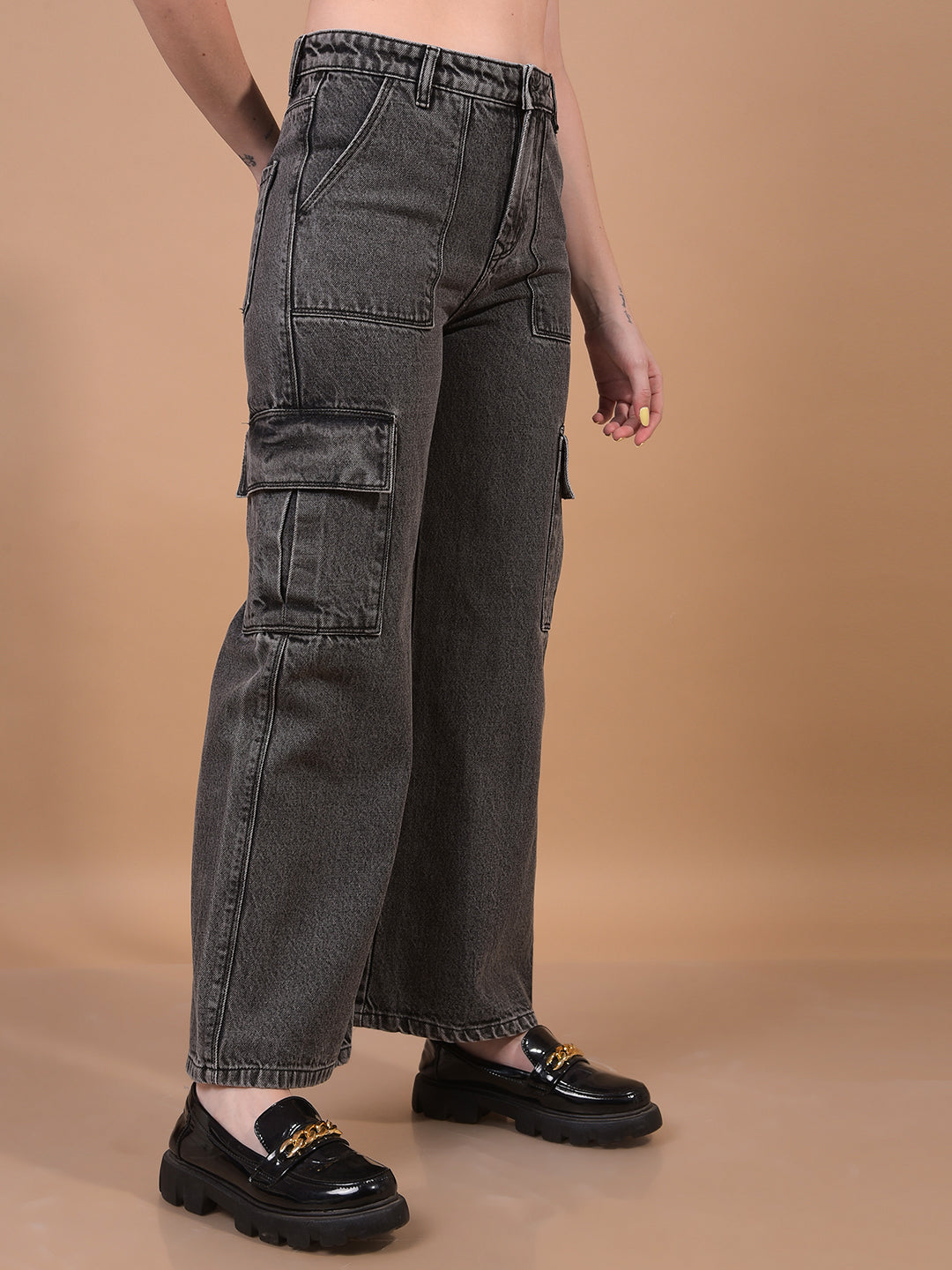 Women's Jeans Black 100% Cotton Cargo Jeans-Women Jeans-Crimsoune Club