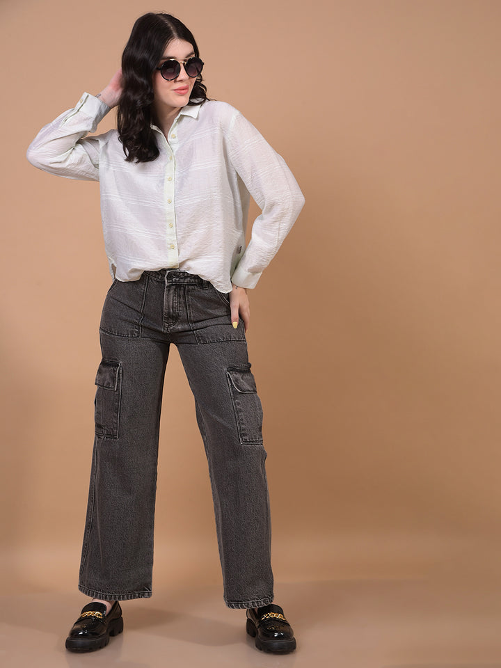 Women's Jeans Black 100% Cotton Cargo Jeans-Women Jeans-Crimsoune Club