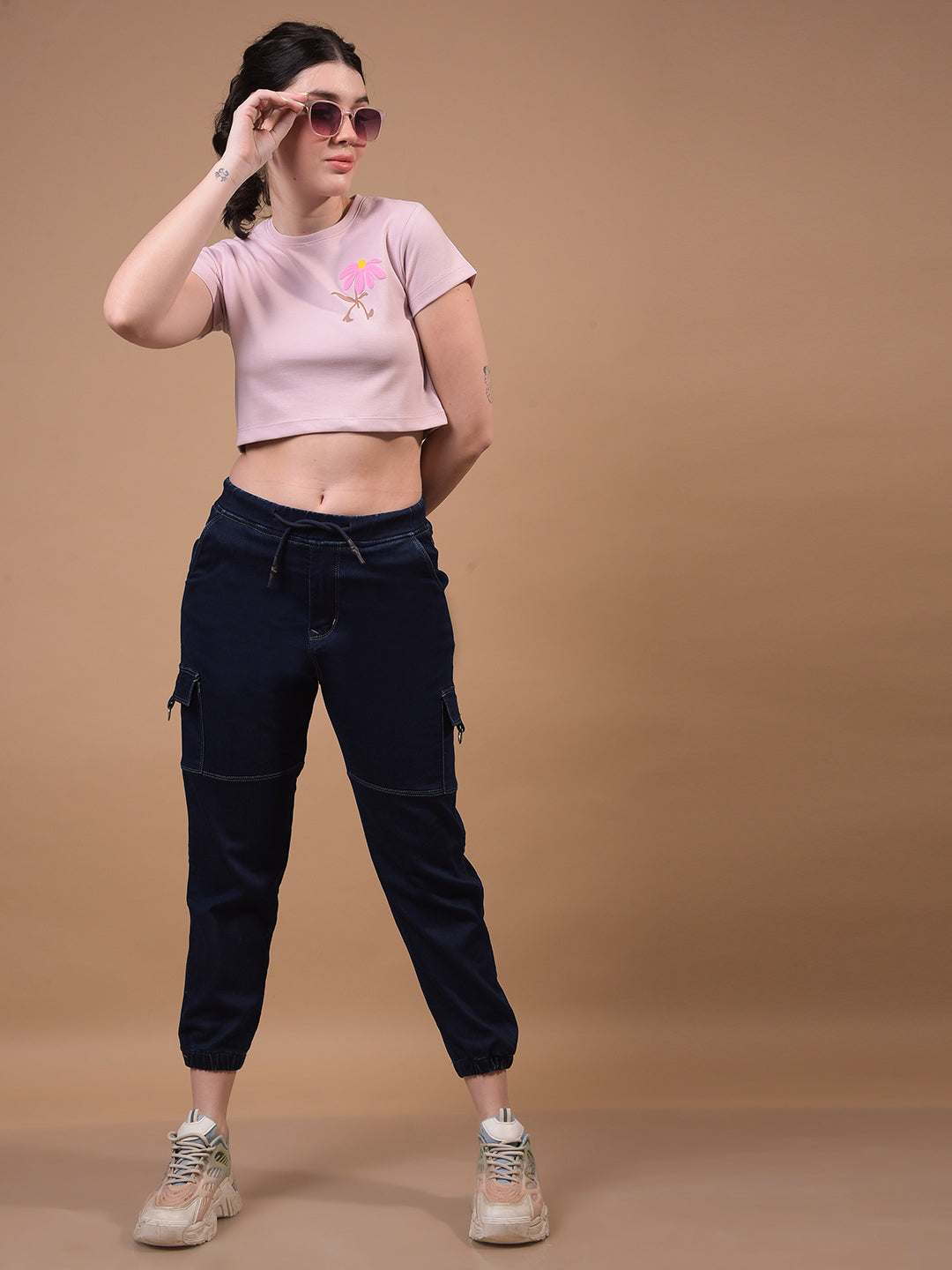 Women's Blue Cargo Joggers-Women Jeans-Crimsoune Club