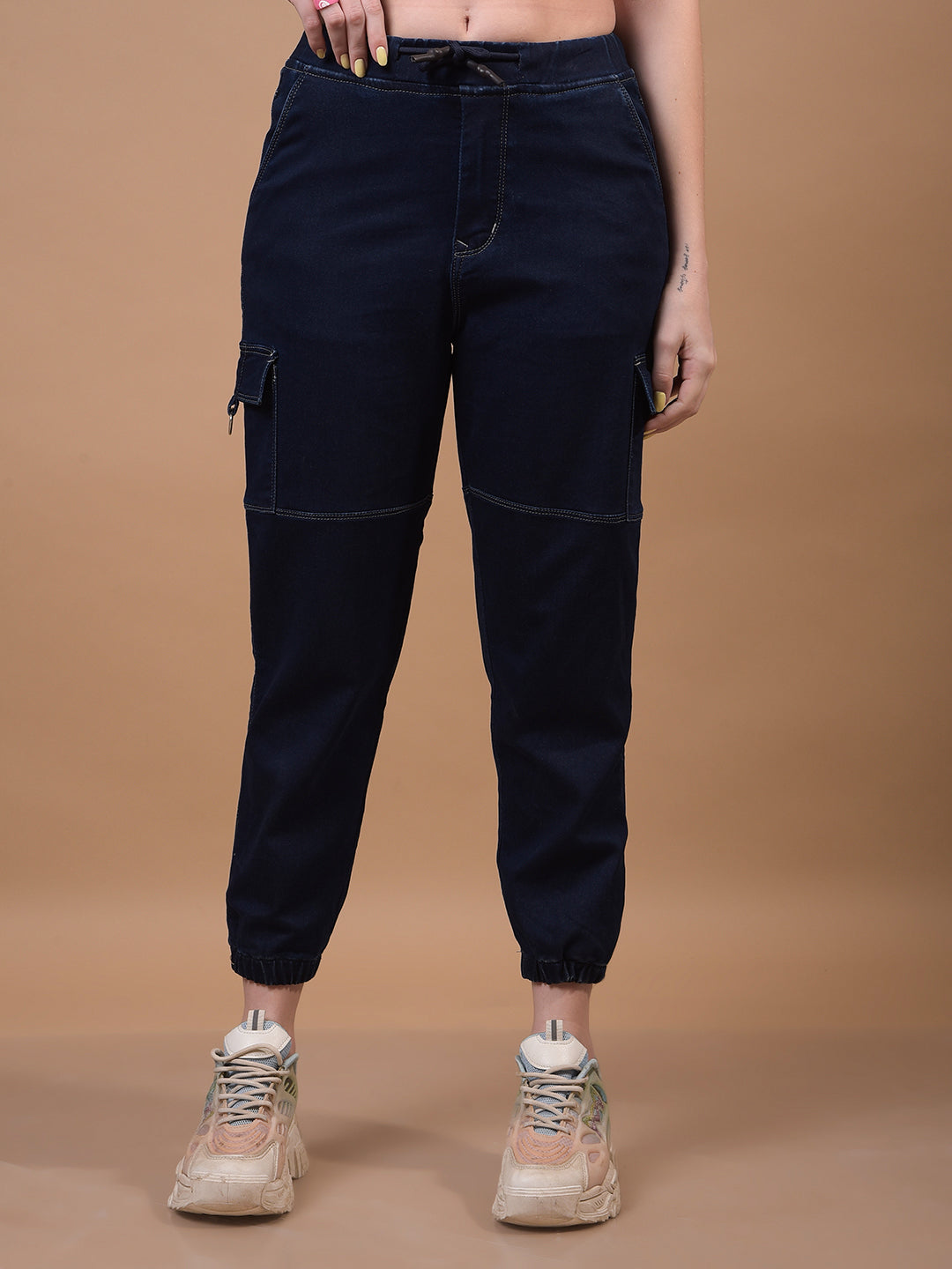 Women's Blue Cargo Joggers-Women Jeans-Crimsoune Club