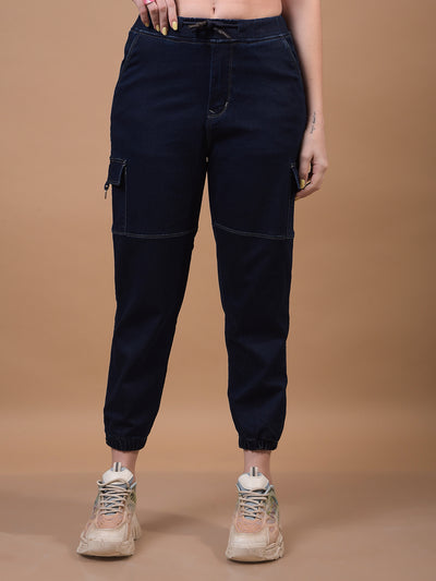 Women's Blue Cargo Joggers-Women Jeans-Crimsoune Club